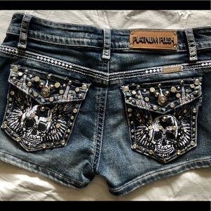 Bad Ass Denim Rhinestone Skull 5 pocket Shorts